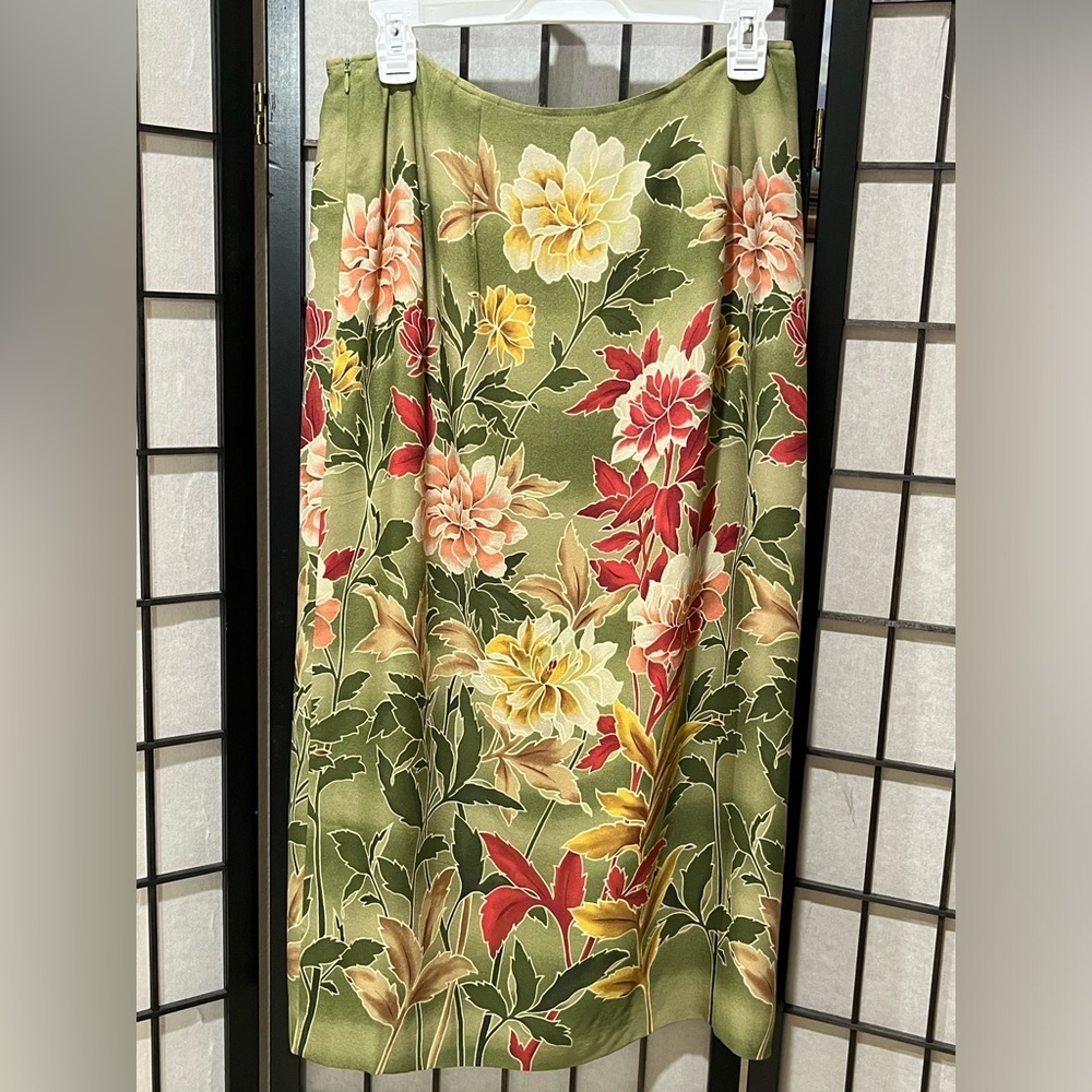 TALBOTS PETITES SILK Floral Green TROPICAL Midi MOCK WRAP Skirt SIZE 12P